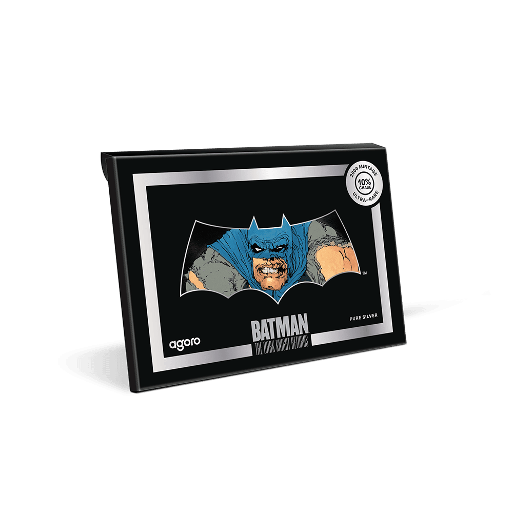 Dark Knight Returns Batman 5g silver foil packaging, angled view of the black sleeve with BATMAN title logo