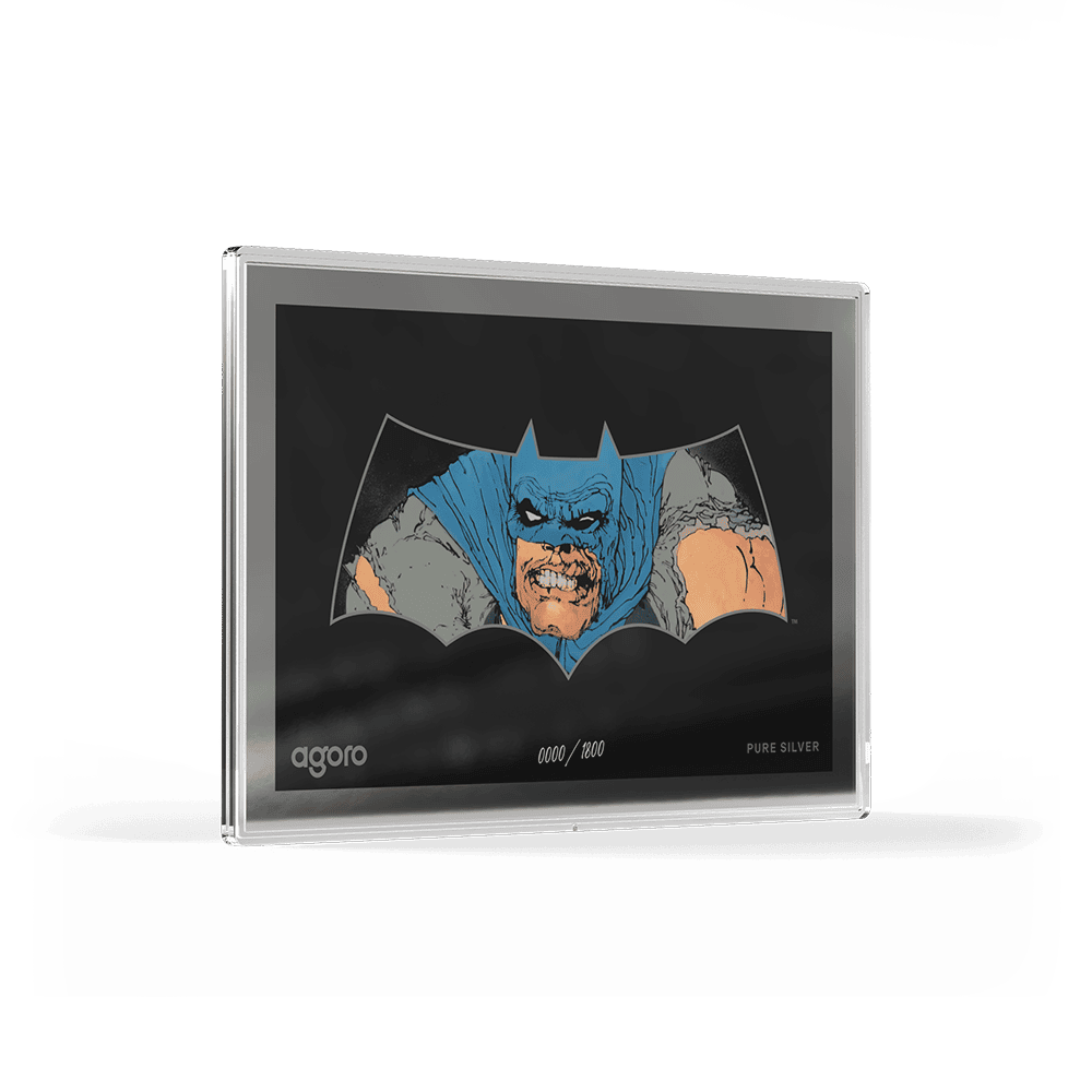 Dark Knight Returns Batman 5g silver foil, angled view of colorized snarling Batman in a bat-emblem outline