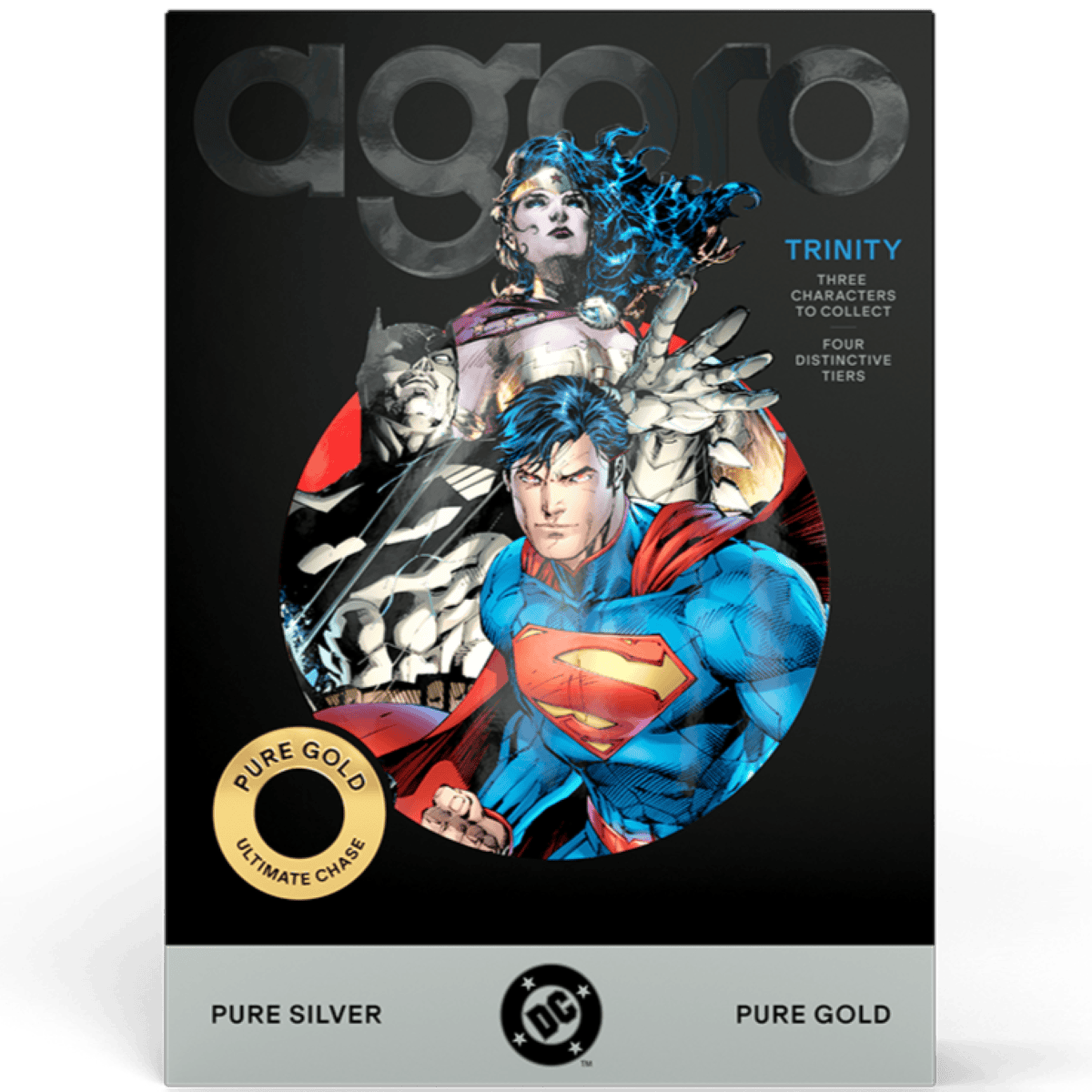Agoro DC Trinity blind box front, Superman, Batman and Wonder Woman art with a Pure Gold chase badge
