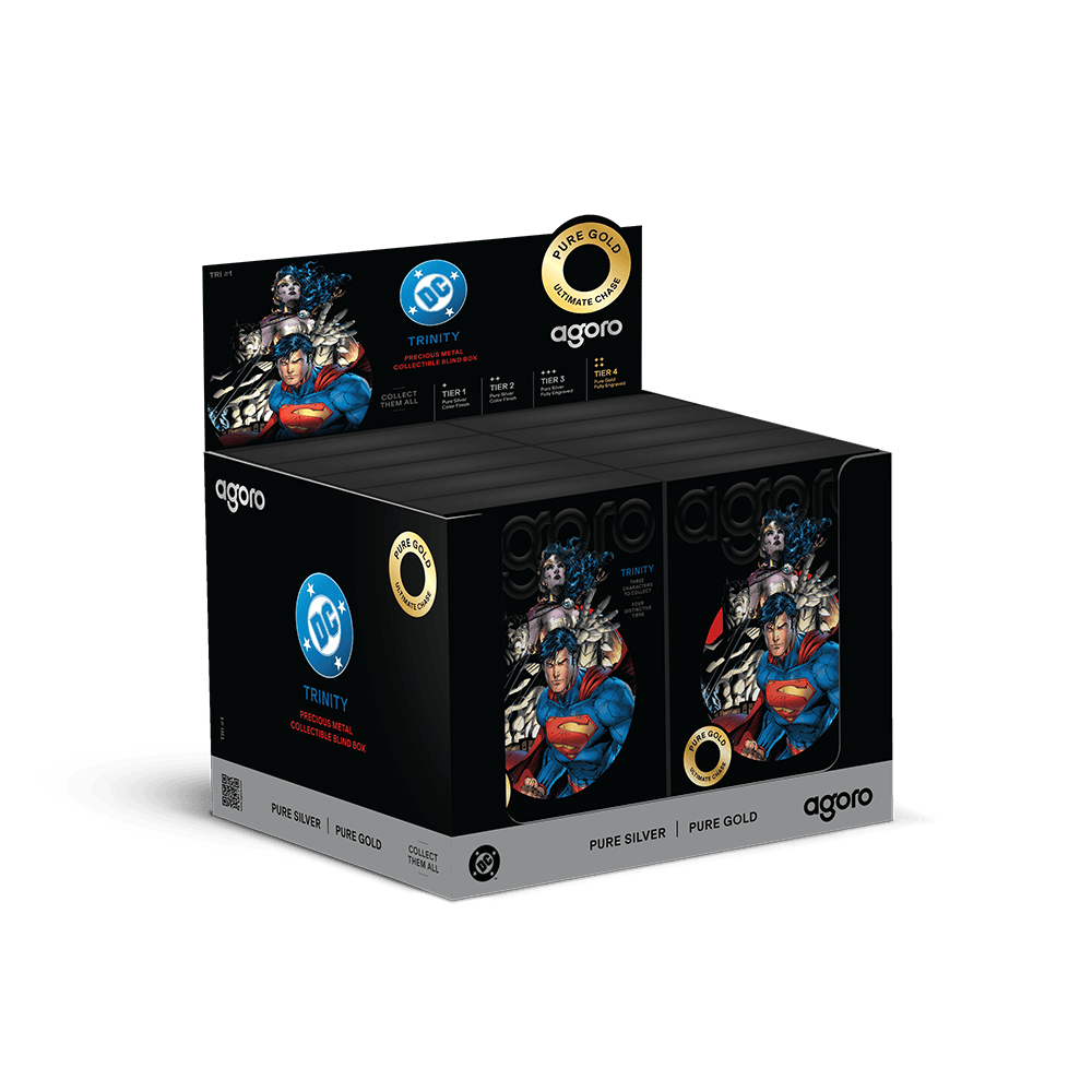 Agoro DC Trinity blind box display case holding sealed boxes, header card with tier list and DC logo