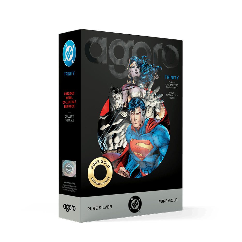 Agoro DC Trinity blind box angled view, DC logo spine and Superman, Batman and Wonder Woman front art