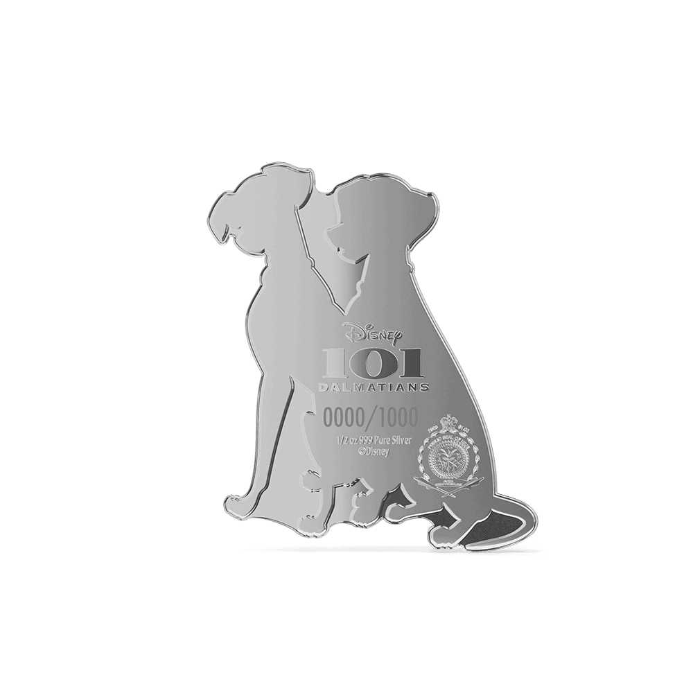 101 Dalmatians 1/2 oz shaped silver collectible obverse, crowned seal and 101 Dalmatians logo