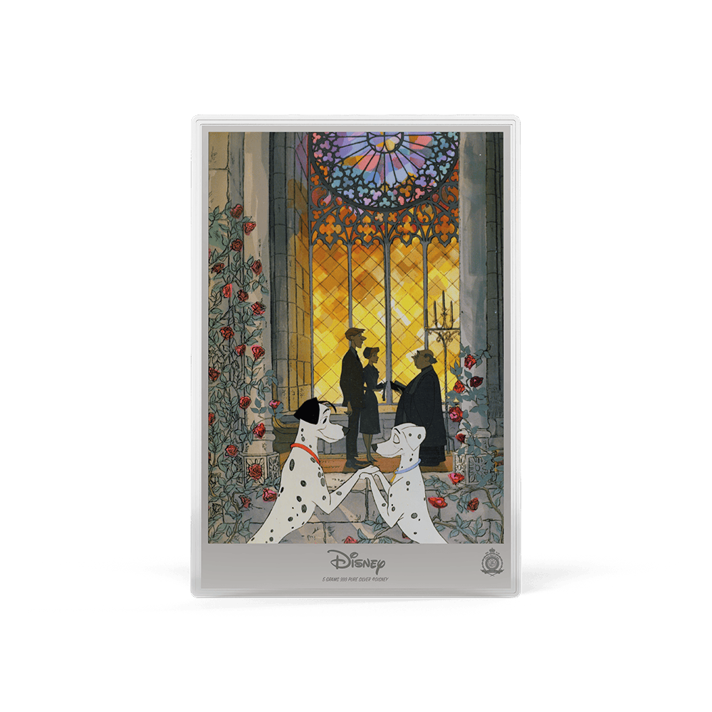 101 Dalmatians 5g silver foil, colorized Dalmatian pair holding paws before a stained glass window