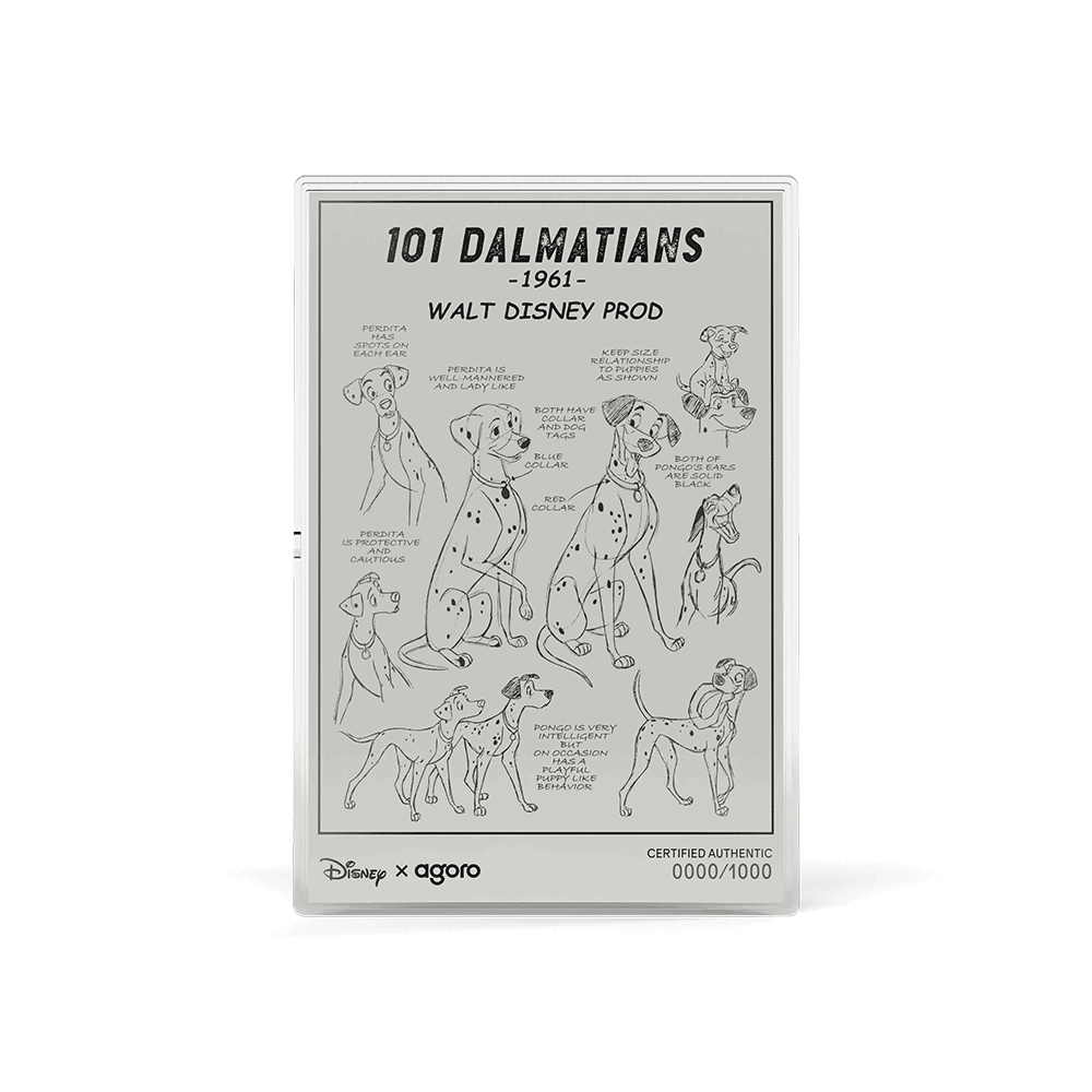 101 Dalmatians 5g silver foil, 1961 Walt Disney character model sheet with sketches of Pongo and Perdita
