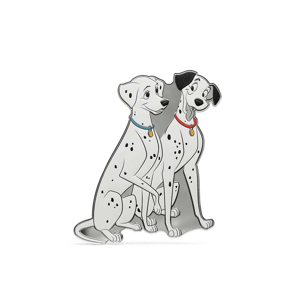 101 Dalmatians 1/2 oz shaped silver collectible reverse, colorized Dalmatians in red and blue collars