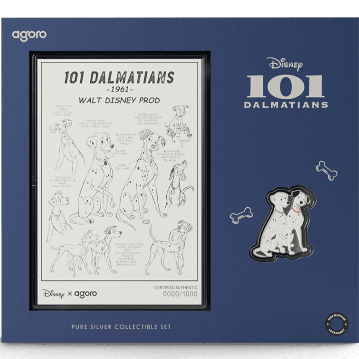 Disney 101 Dalmatians silver collectible set box, front with model-sheet foil and shaped Dalmatian window