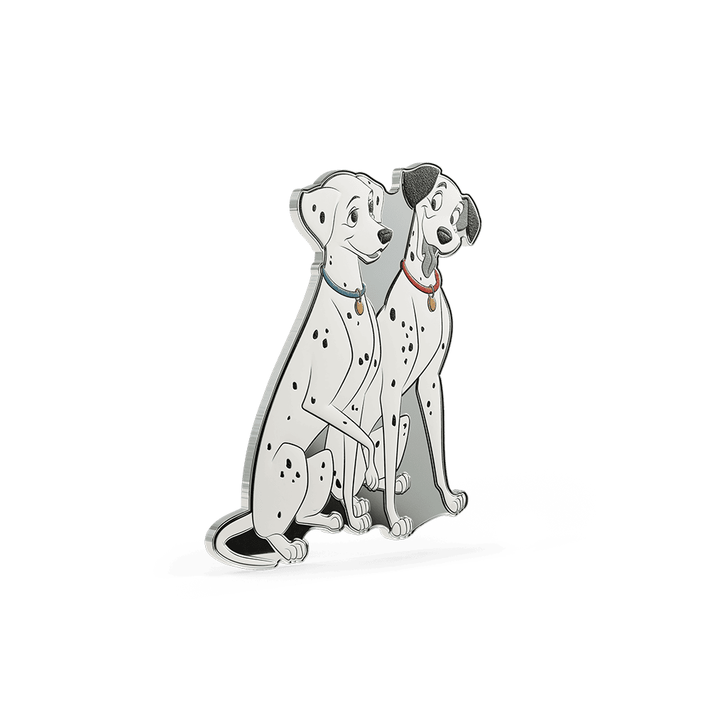 101 Dalmatians 1/2 oz shaped silver collectible reverse, angled view of Dalmatians in red and blue collars