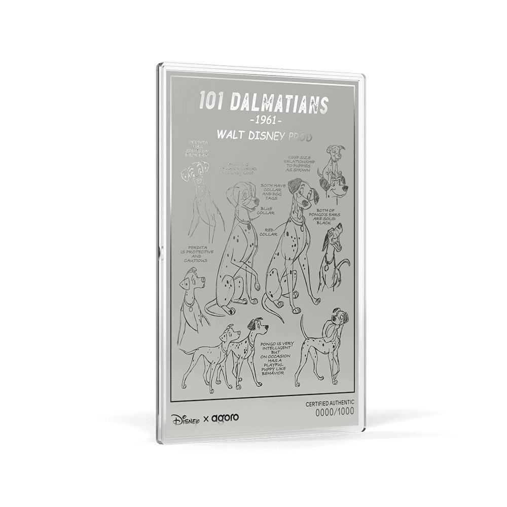 101 Dalmatians 5g silver foil, angled view of the 1961 model sheet with sketches of Pongo and Perdita