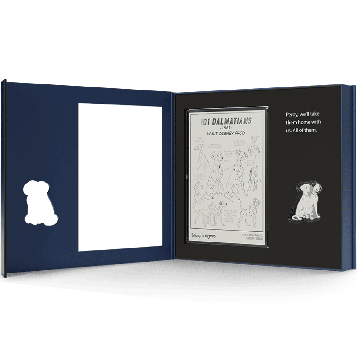 Disney 101 Dalmatians silver collectible set, open box with the 5g foil and shaped 1/2 oz Dalmatian pair