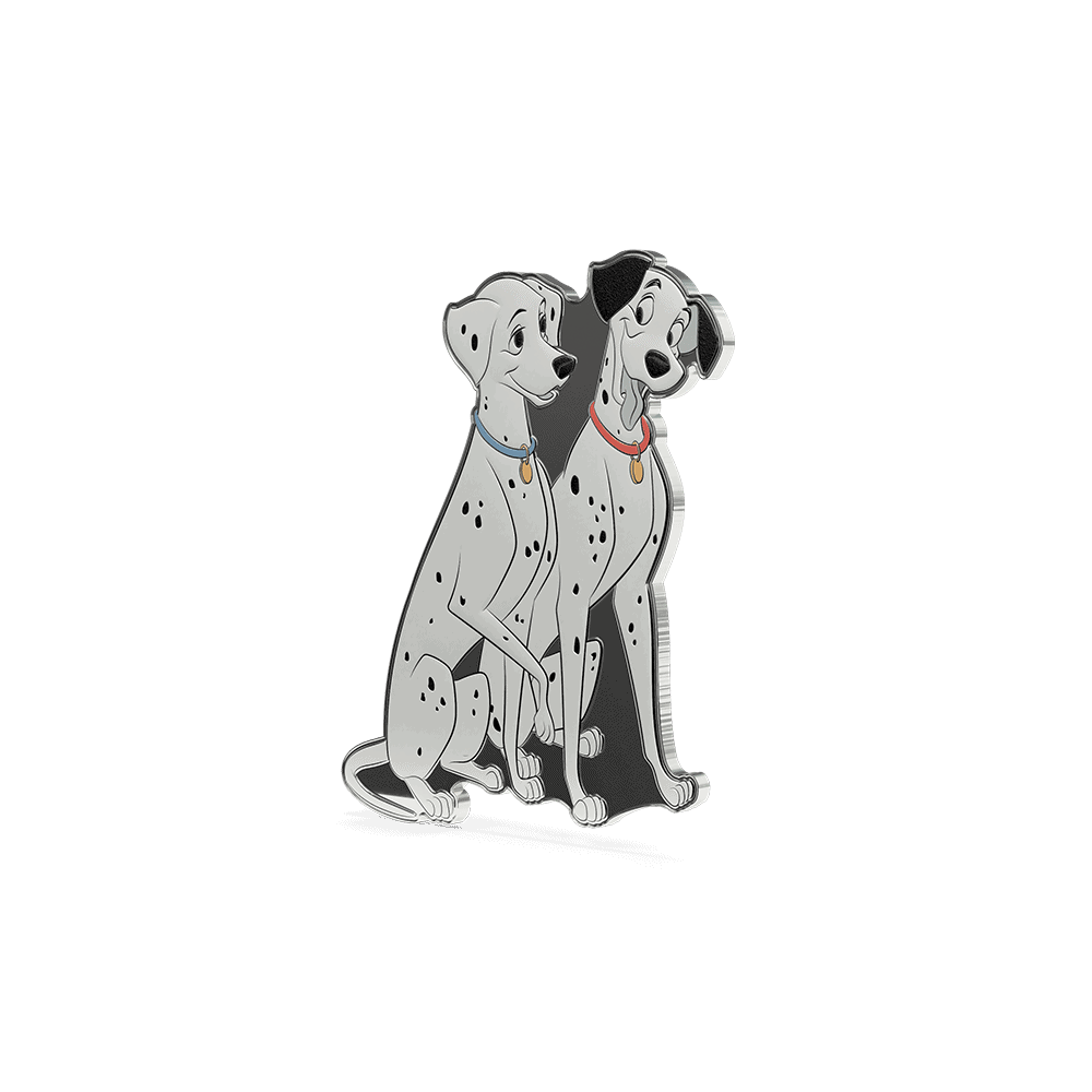 101 Dalmatians 1/2 oz shaped silver collectible reverse, angled view of Dalmatian pair with gold collar tags
