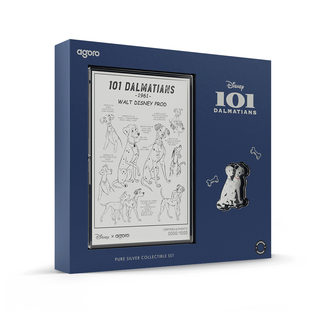 Disney 101 Dalmatians silver collectible set box, angled view with the model-sheet foil and a Dalmatian window