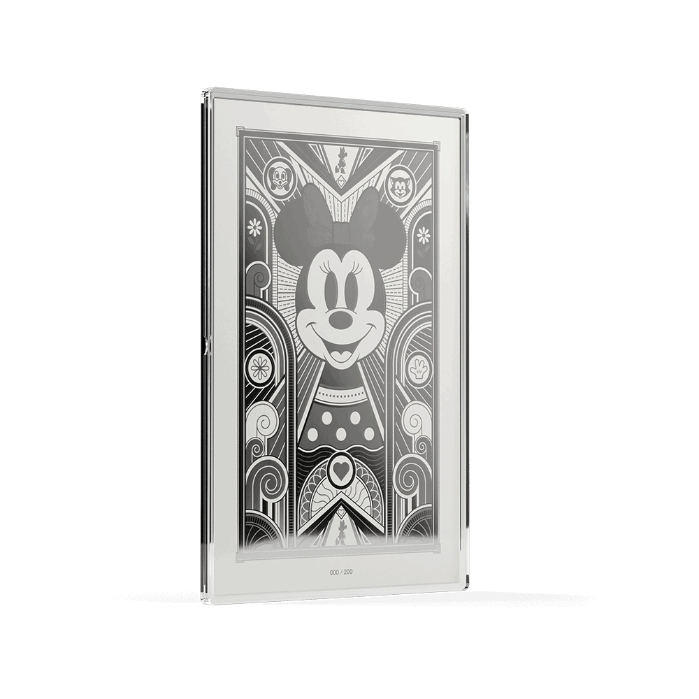 Minnie Mouse Art Deco 5g silver foil, angled view of all-silver Minnie with bow among Art Deco arches