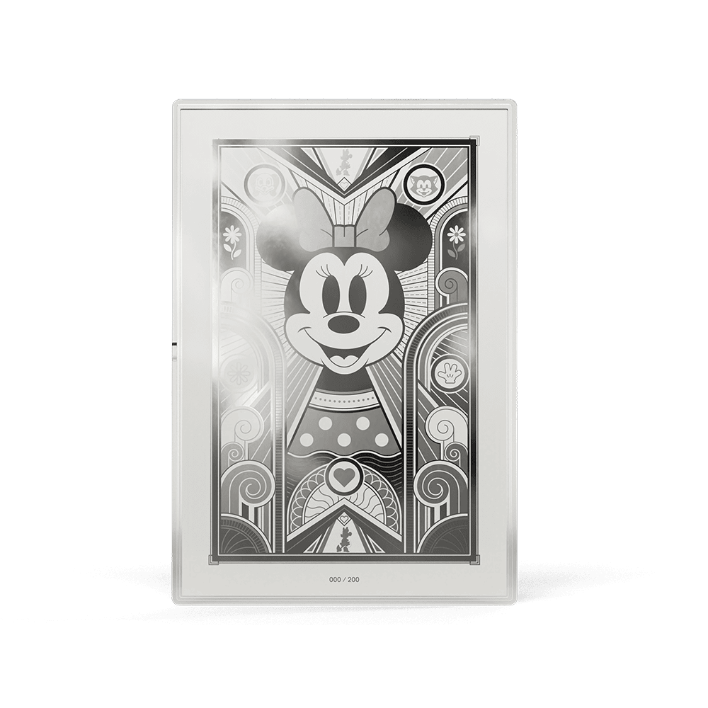 Minnie Mouse Art Deco 5g silver foil, all-silver Minnie with bow and polka-dot dress in an Art Deco frame