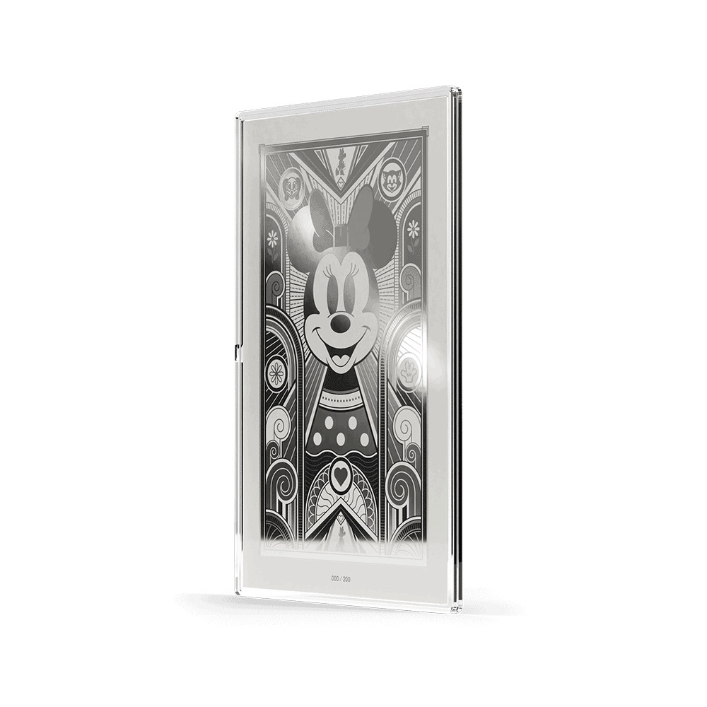 Minnie Mouse Art Deco 5g silver foil, angled view of all-silver Minnie with polka-dot dress and heart roundel
