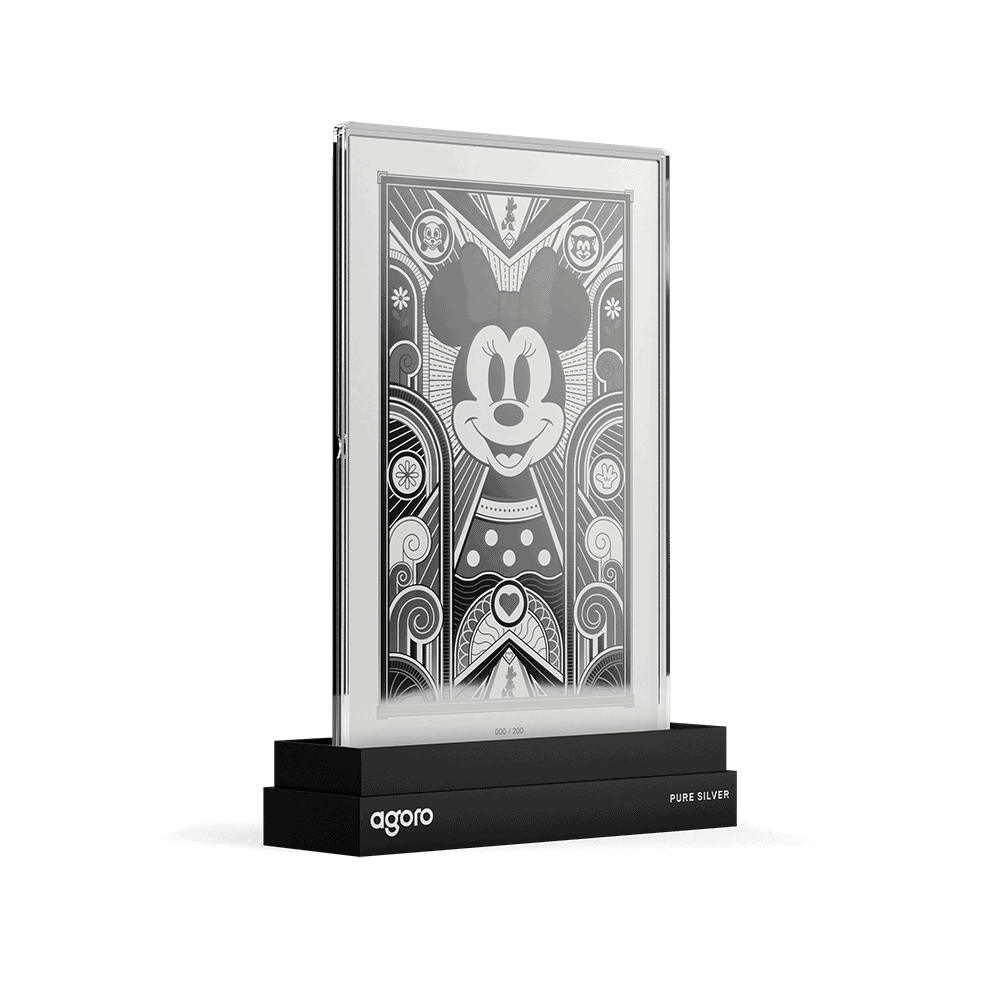 Minnie Mouse Art Deco 5g silver foil on its black agoro stand, angled view of all-silver Minnie with bow