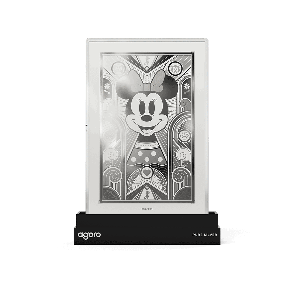 Minnie Mouse Art Deco 5g silver foil in a black agoro stand, all-silver Minnie with bow among Art Deco arches