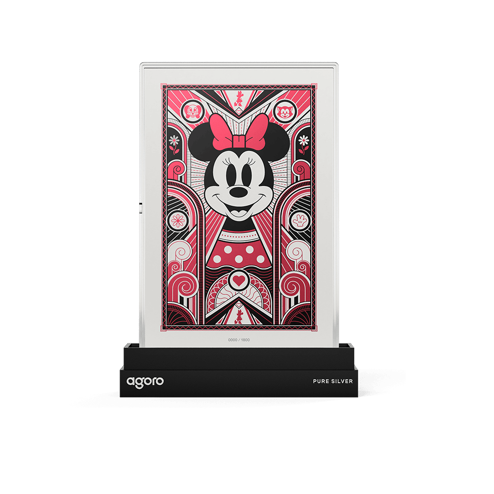 Disney Minnie Mouse Art Deco 5g silver foil upright in a black agoro stand, colorized Minnie with pink bow