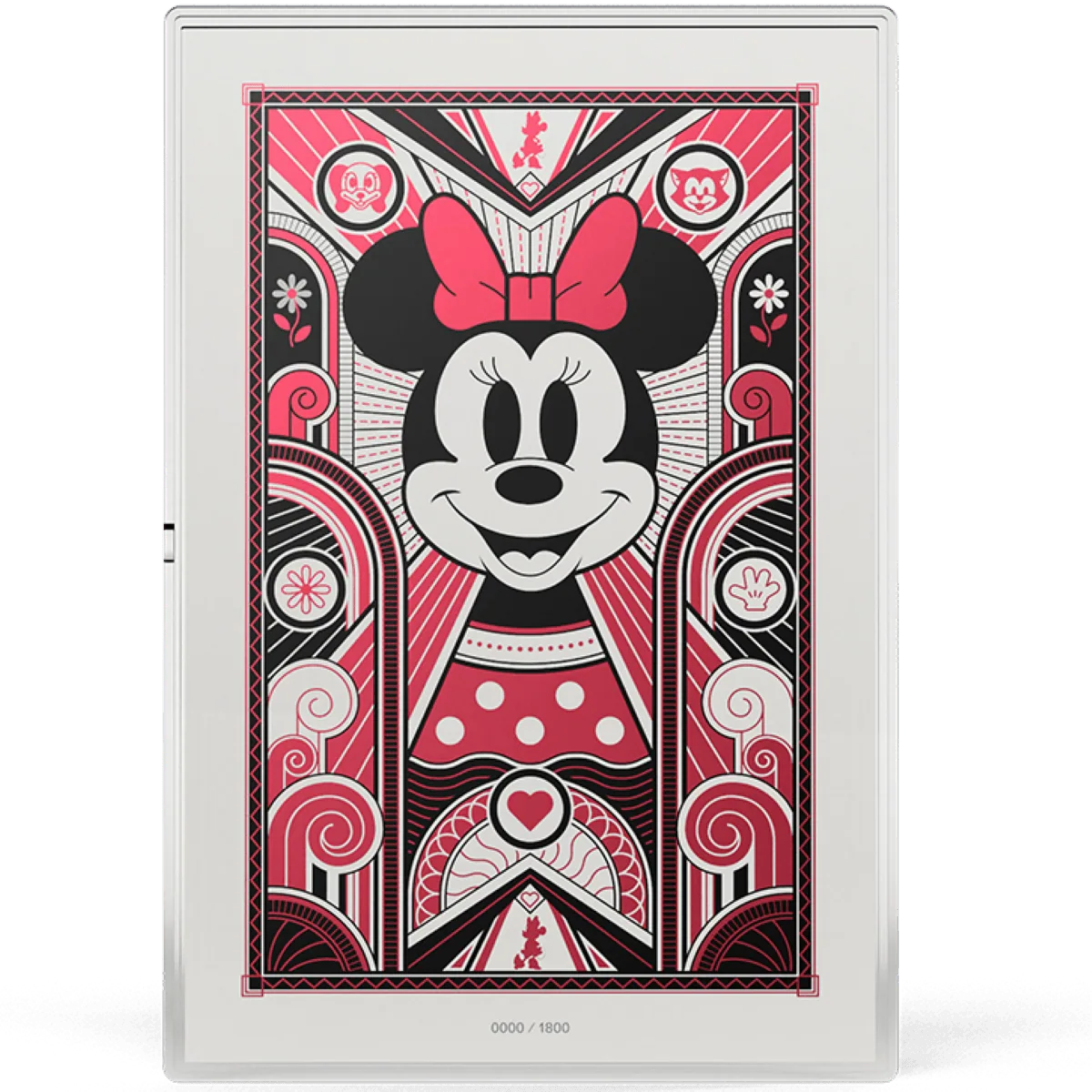Disney Minnie Mouse Art Deco 5g silver foil, colorized Minnie with pink bow in a red and black Art Deco frame