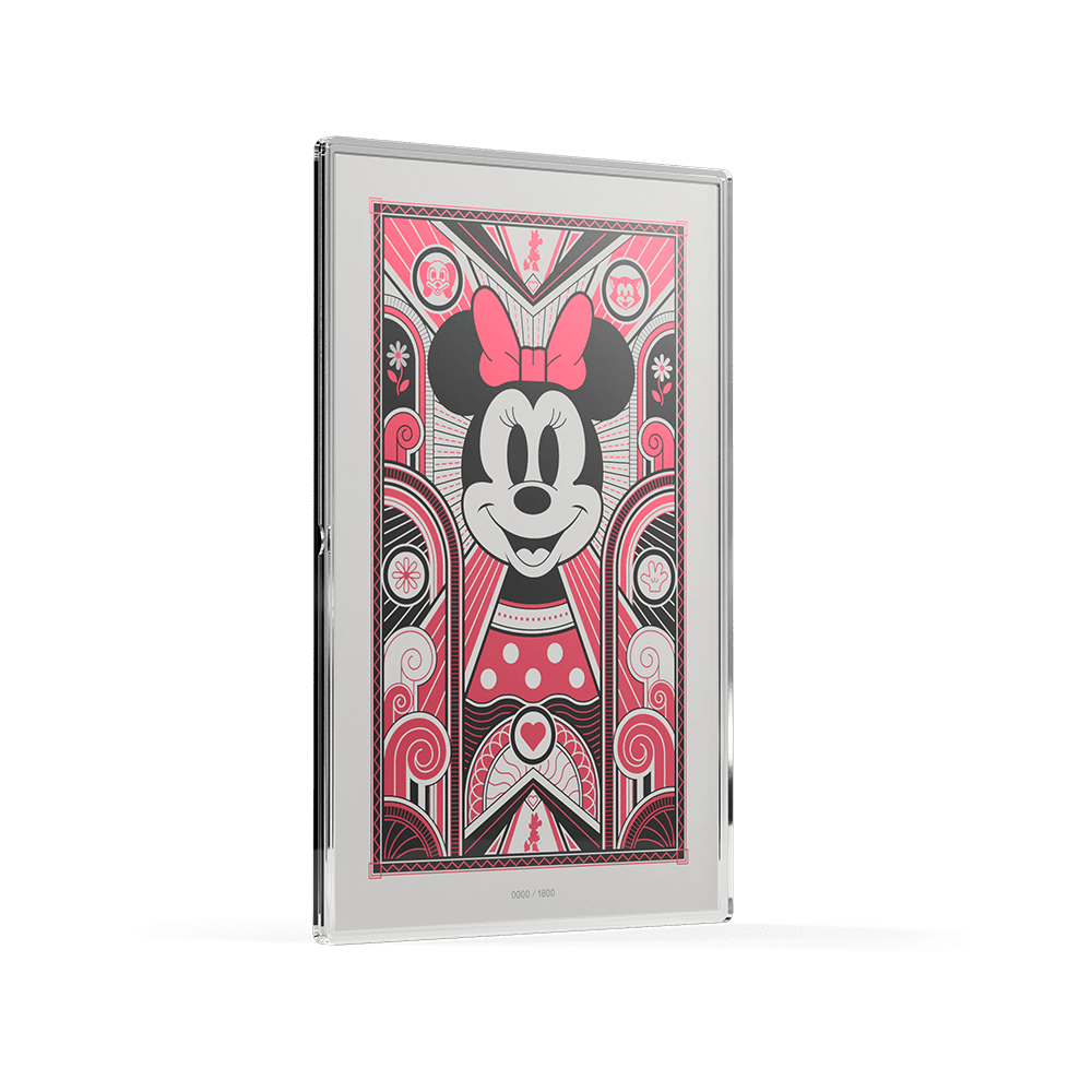 Disney Minnie Mouse Art Deco 5g silver foil, angled view of colorized Minnie with pink bow and polka-dot dress