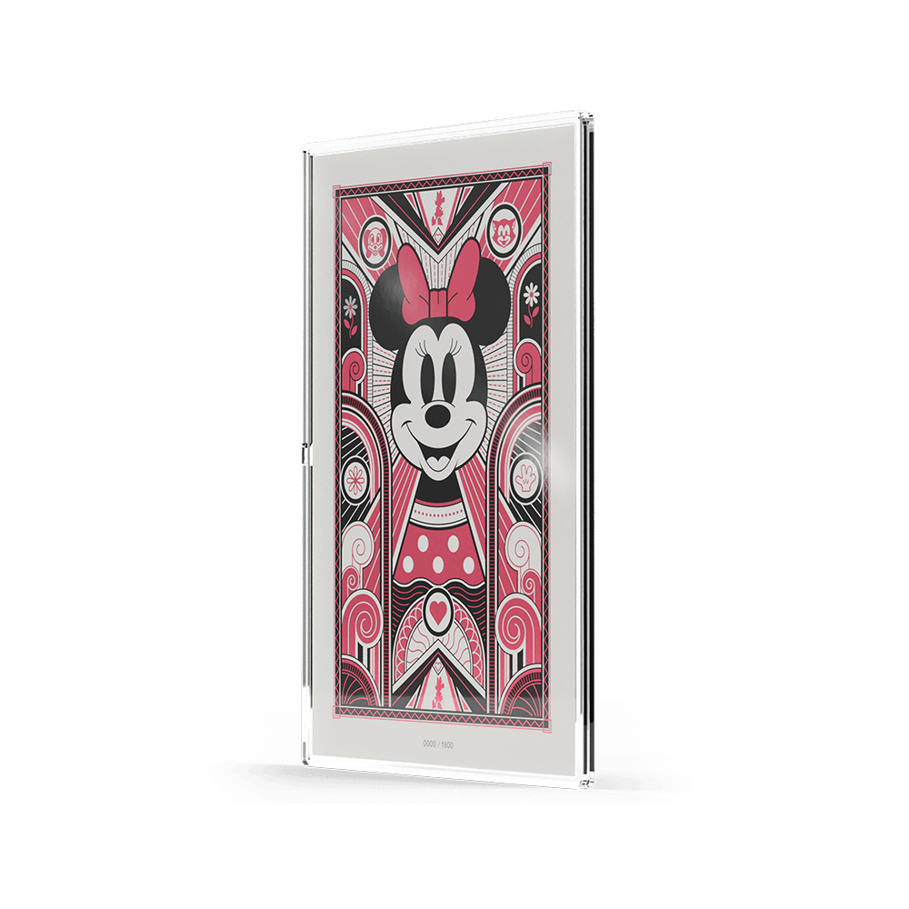 Disney Minnie Mouse Art Deco 5g silver foil, angled view of colorized Minnie between Art Deco arches