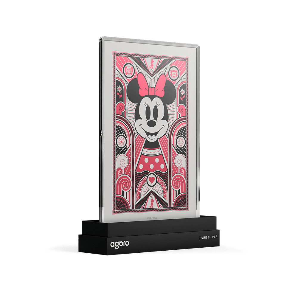 Disney Minnie Mouse Art Deco 5g silver foil in its black agoro stand, angled view of colorized Minnie and bow