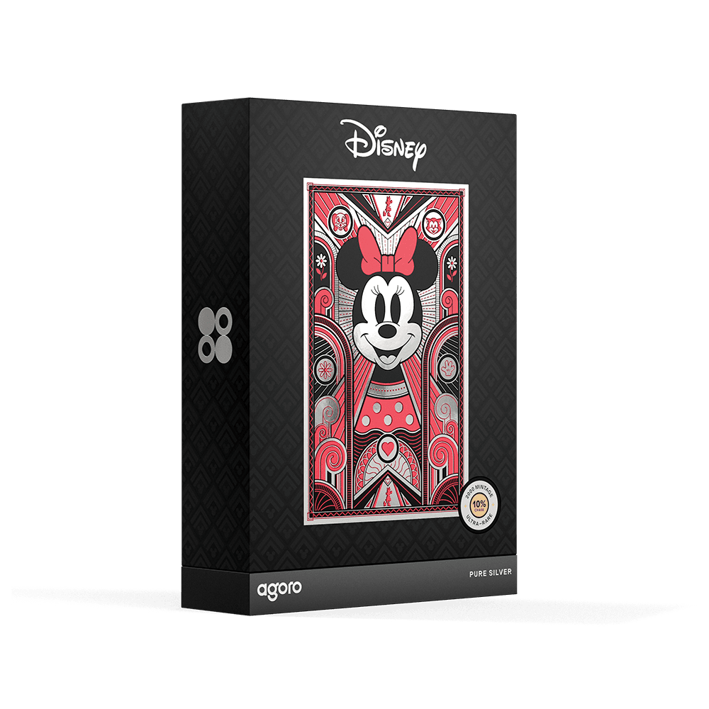 Disney Minnie Mouse Art Deco 5g silver foil box, angled view of the front and a spine with an agoro emblem