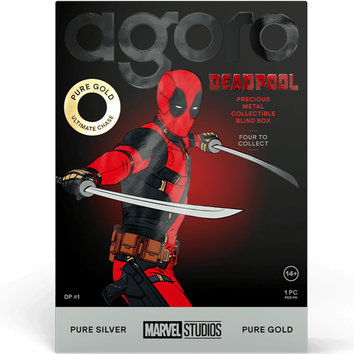 Agoro Marvel Deadpool blind box front, Deadpool crossing twin katanas beside a Pure Gold Ultimate Chase badge