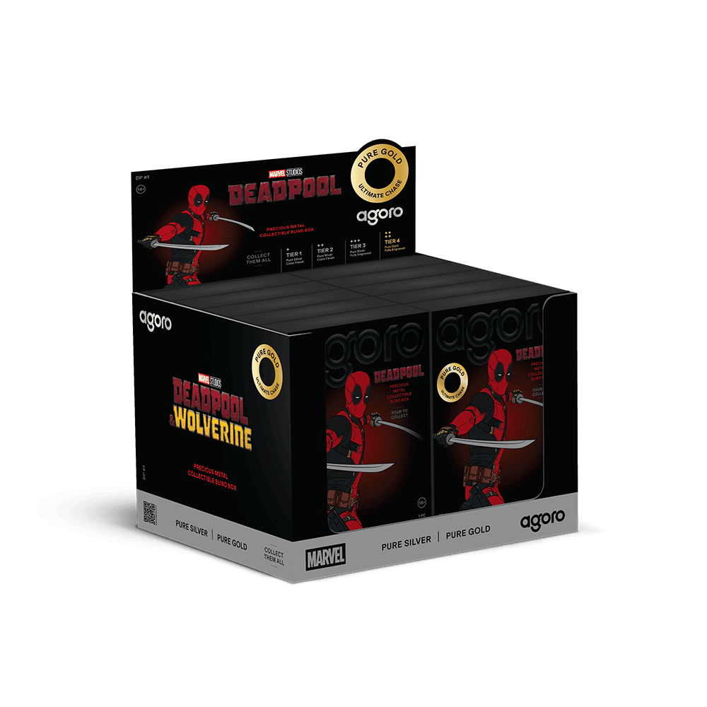 Agoro Marvel Deadpool blind box display case, open counter box of sealed boxes with a tier header card