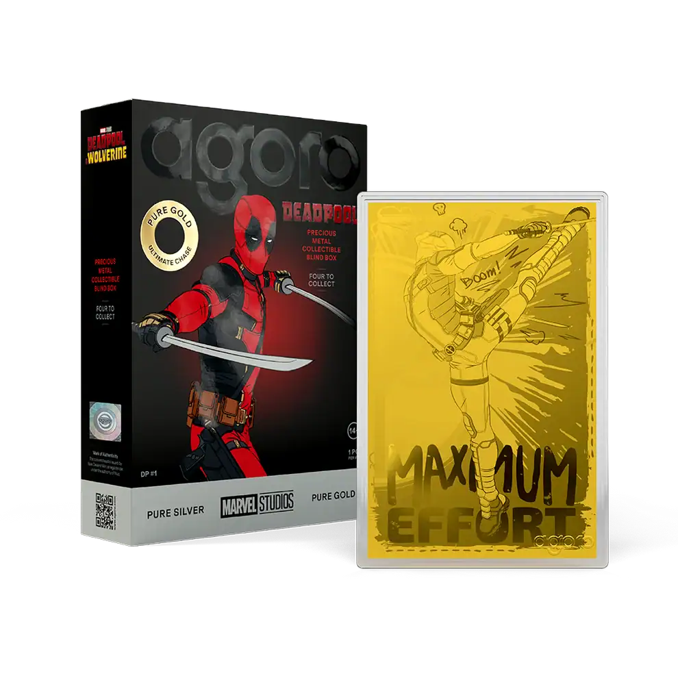 Agoro Marvel Deadpool gold foil in a capsule beside its blind box, engraved high kick above MAXIMUM EFFORT