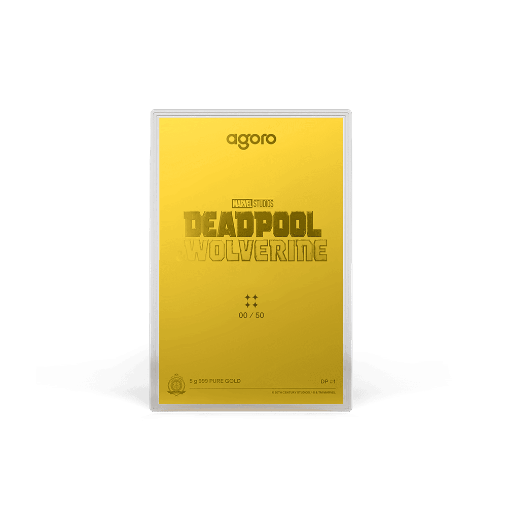Agoro Deadpool 5g gold foil inscription side, Marvel Studios Deadpool & Wolverine logo with four stars