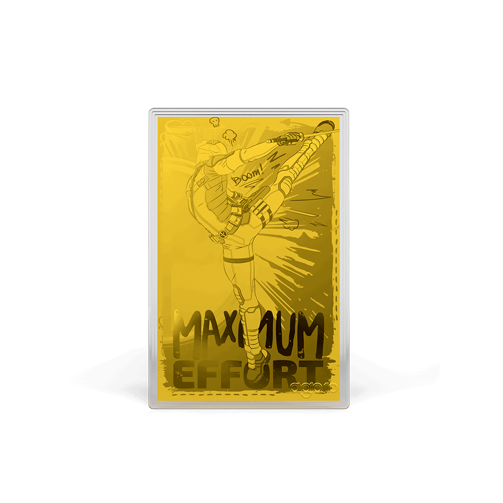 Agoro Marvel Deadpool gold-colored foil, engraved Deadpool high kick with BOOM! and MAXIMUM EFFORT lettering