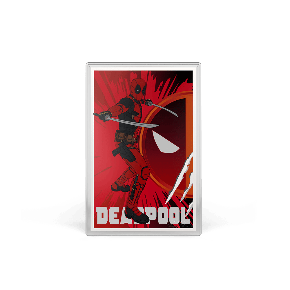 Agoro Deadpool 5g silver foil, colorized art of Deadpool with katanas over a red slashed mask emblem