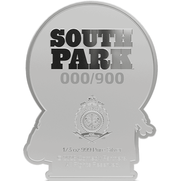 Trick-or-Treat Kenny 1/3 oz shaped silver collectible obverse, SOUTH PARK title over the Niue seal