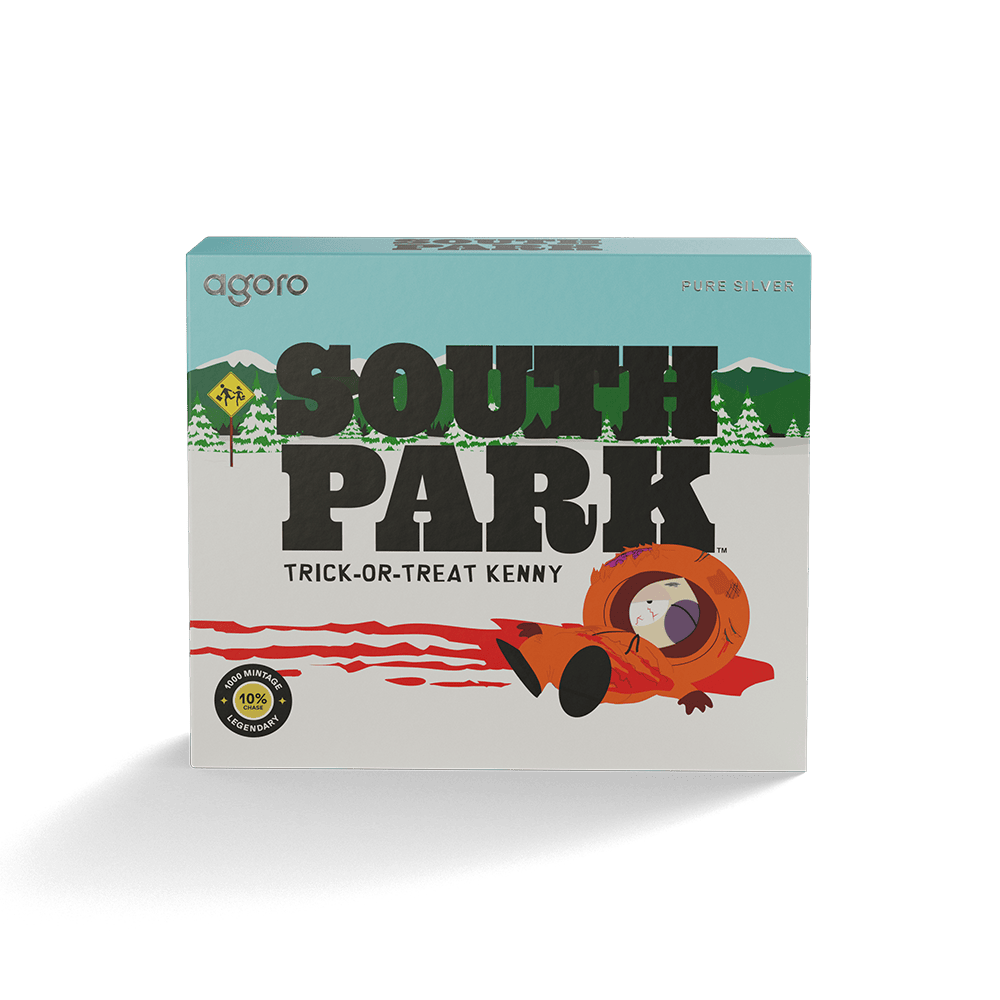 Trick-or-Treat Kenny silver collectible box front, SOUTH PARK title over a snowy mountain scene