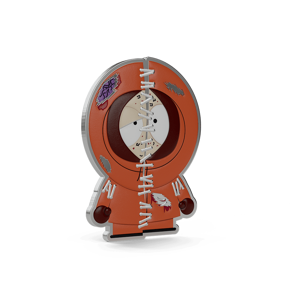 Angled view of Trick-or-Treat Kenny 1/3 oz silver collectible reverse, white stitches down the center