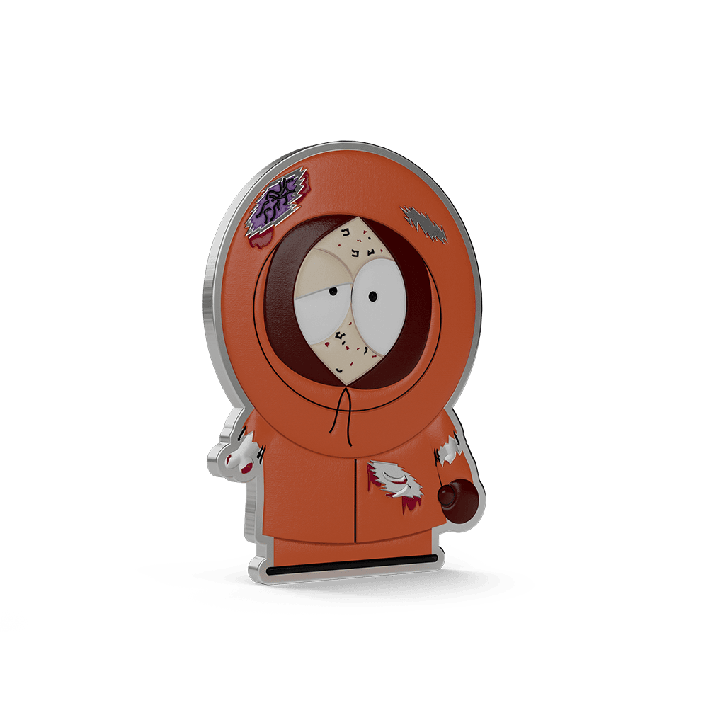 Angled view of Trick-or-Treat Kenny 1/3 oz silver collectible reverse, purple brain on the orange hood