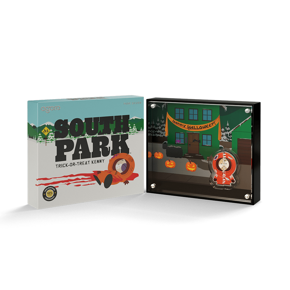 Trick-or-Treat Kenny silver collectible in acrylic frame with Happy Halloween house, beside box