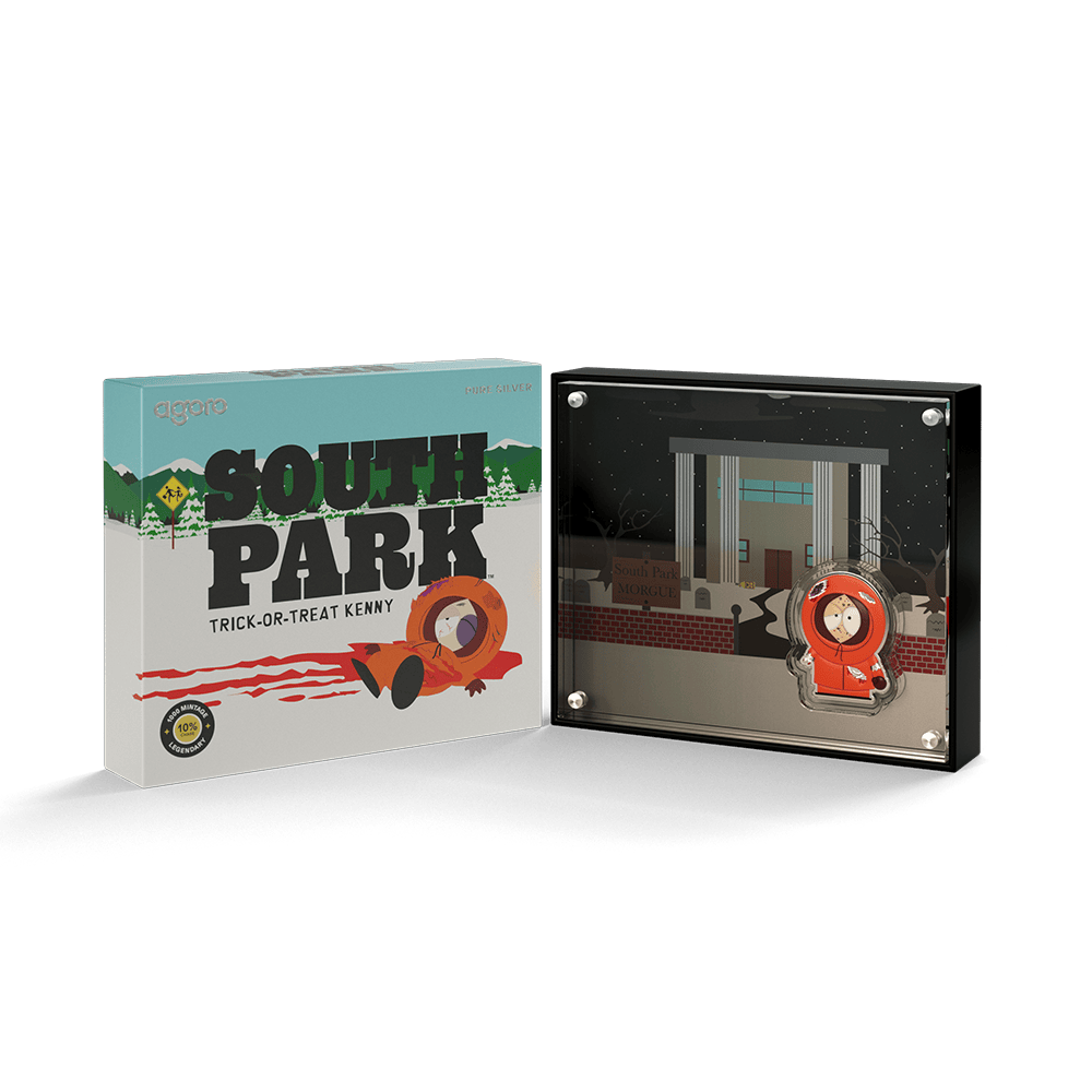 Trick-or-Treat Kenny silver collectible box beside acrylic frame with a South Park Morgue scene