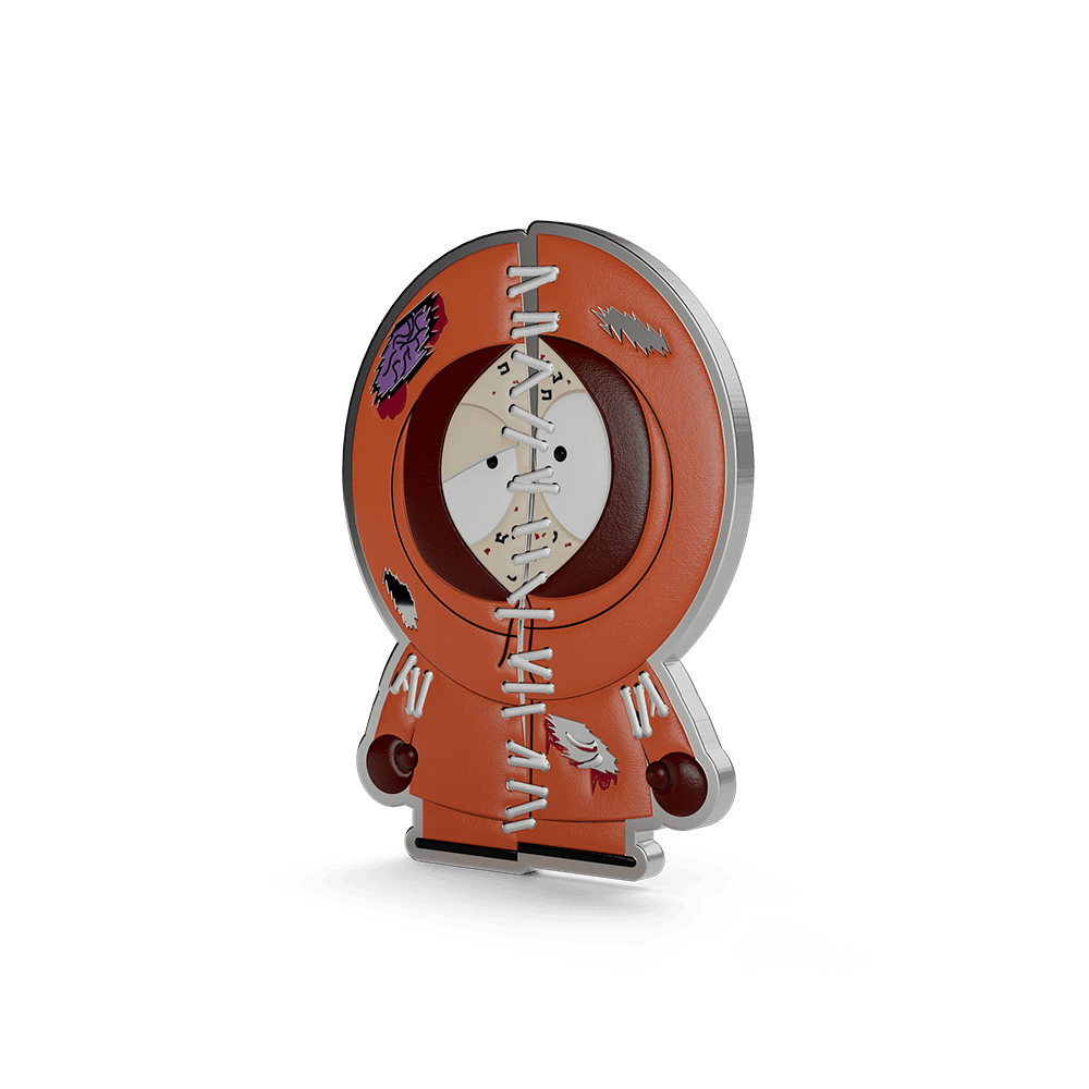 Angled right view of Trick-or-Treat Kenny 1/3 oz silver collectible reverse, stitched orange parka