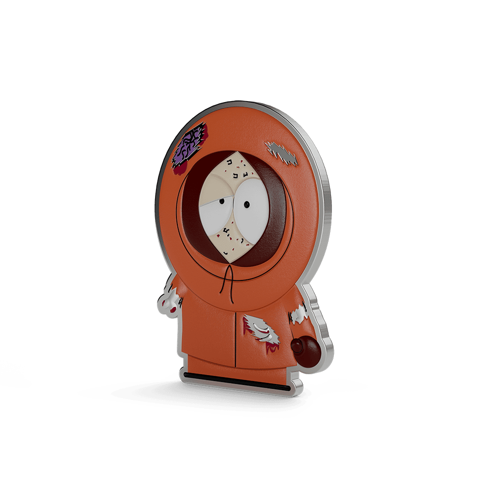 Angled right view of Trick-or-Treat Kenny 1/3 oz silver collectible reverse, orange parka and brain patch