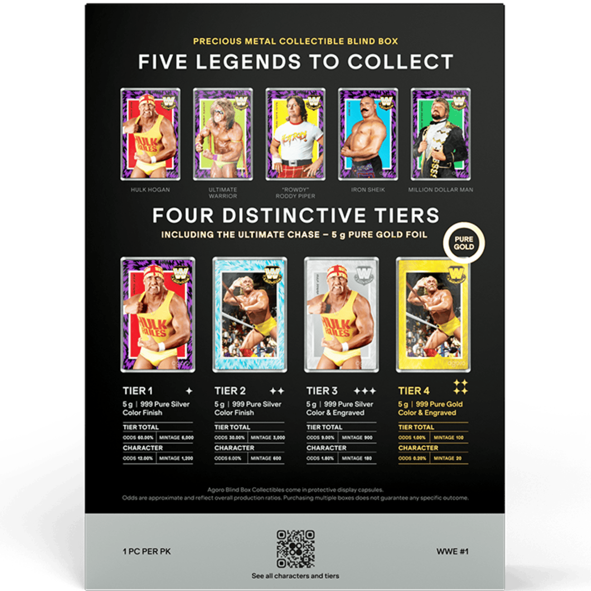 WWE Golden Era Legends blind box back, five legend foils and four tier foils with odds and mintage tables