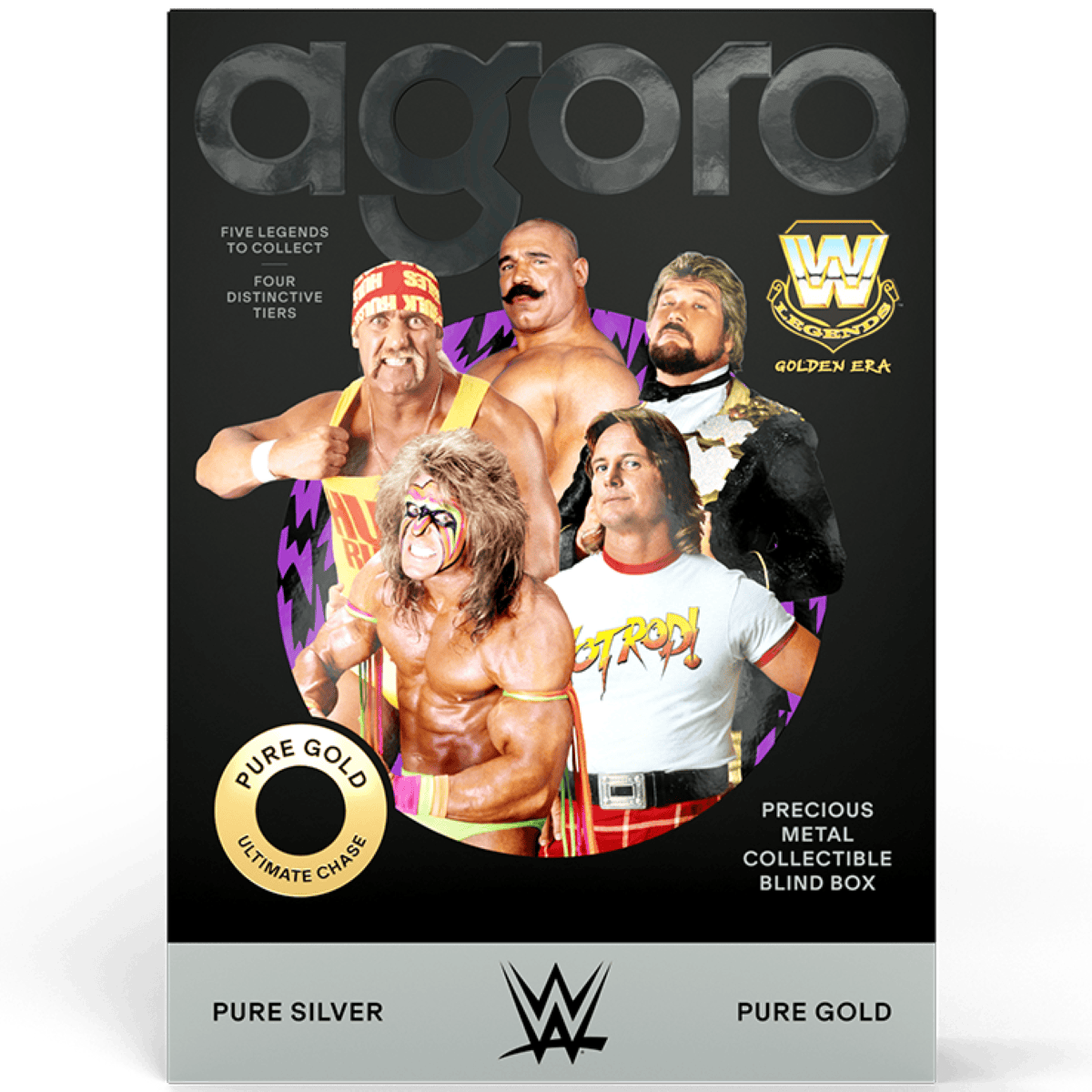WWE Golden Era Legends 5g silver foil blind box front, five wrestling legends in a purple lightning circle