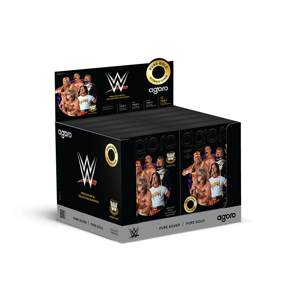 WWE Golden Era Legends blind box full case, open counter carton holding rows of sealed blind boxes