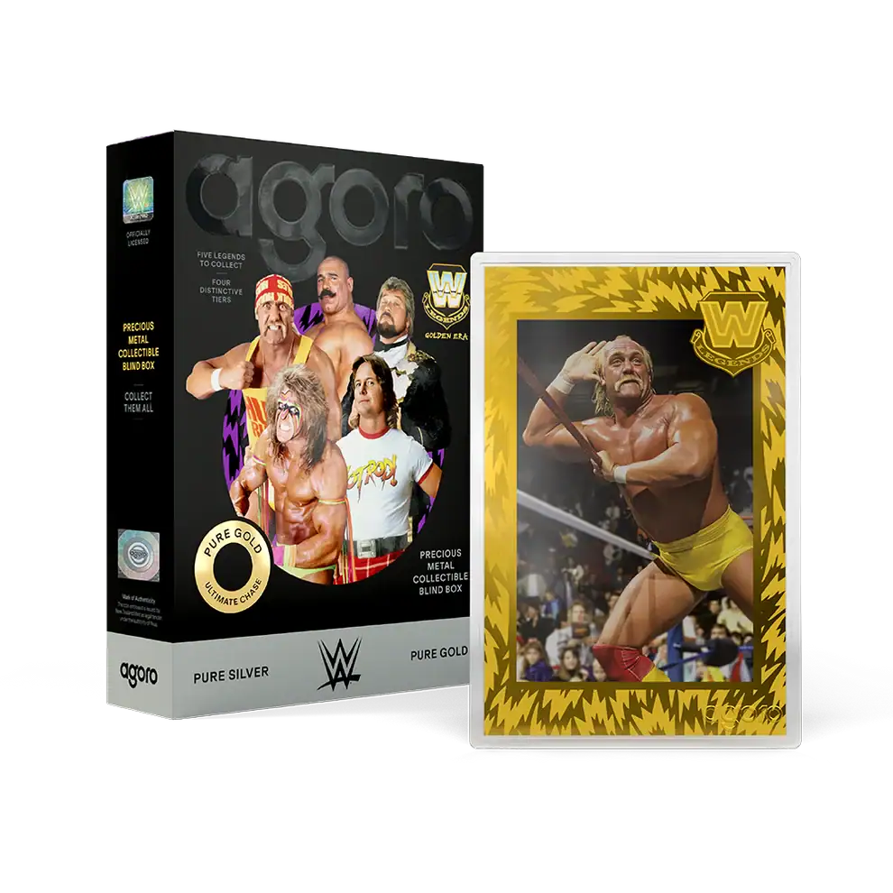 WWE Golden Era Legends blind box beside a gold-framed wrestler foil in a clear capsule
