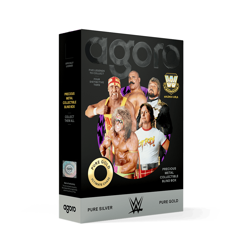 WWE Golden Era Legends 5g silver foil blind box, angled view of front and spine with five wrestling legends