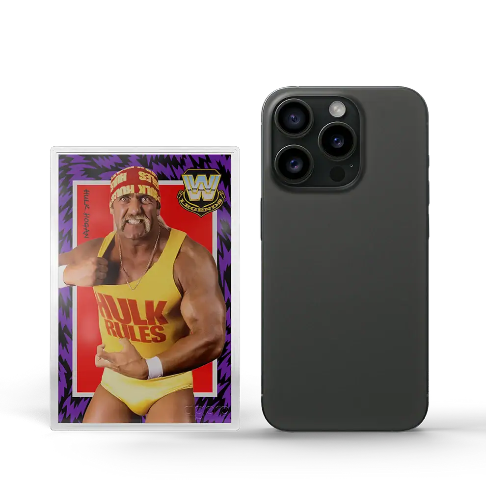 WWE Golden Era Legends 5g silver foil, flexing Hulk Hogan in a purple lightning frame beside a phone
