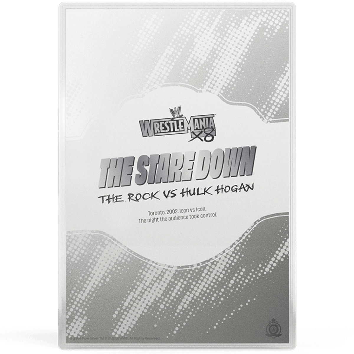WrestleMania X8 Stare Down 5g silver foil text side, THE STARE DOWN title over halftone silver streaks
