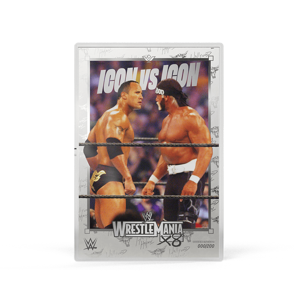 WrestleMania X8 Stare Down 5g silver foil photo side, white ICON VS ICON over the ring in a silver frame