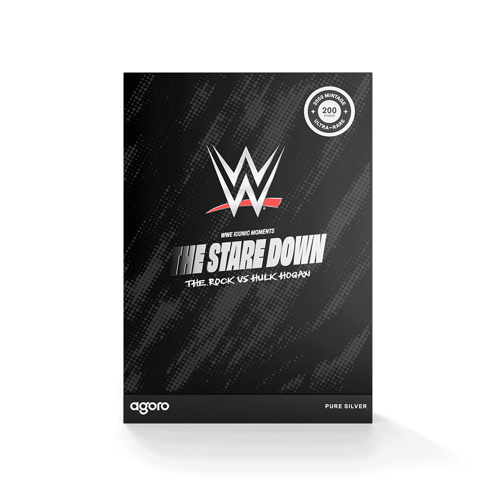 WrestleMania X8 Stare Down silver foil box front, silver WWE logo and THE STARE DOWN title