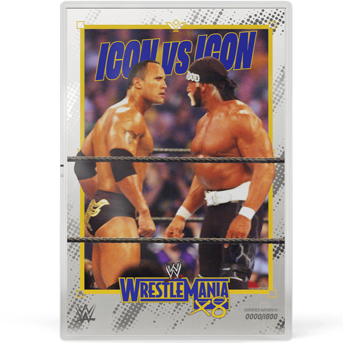 WrestleMania X8 Stare Down 5g silver foil photo side, colorized The Rock and Hulk face to face at the ropes